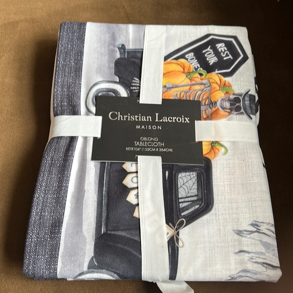 Christian lacroix Halloween Tablecloth Skeleton In Pumpkin Truck New 60”x104”